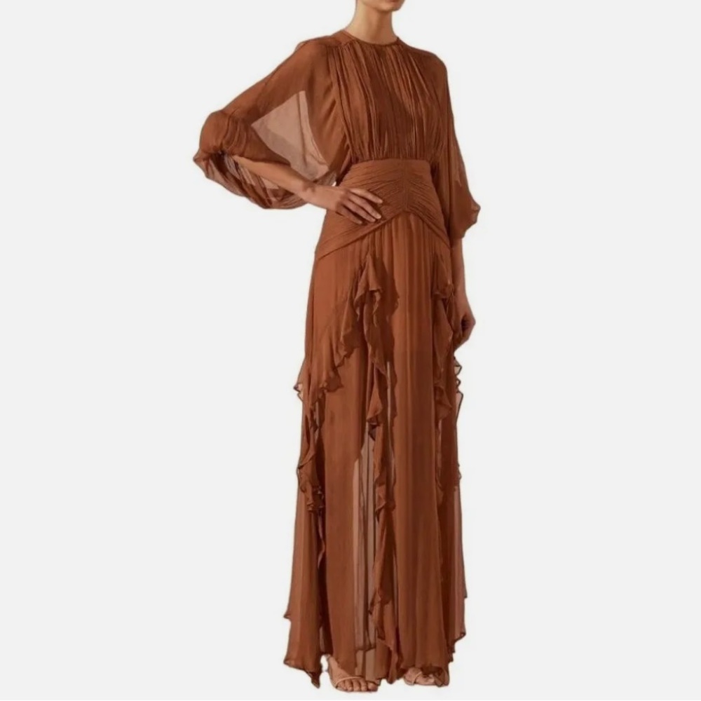 ⭐️ NEW — Jardinvue Ruffle Tiered Long Sleeve Brown Layered Maxi Dress Size M